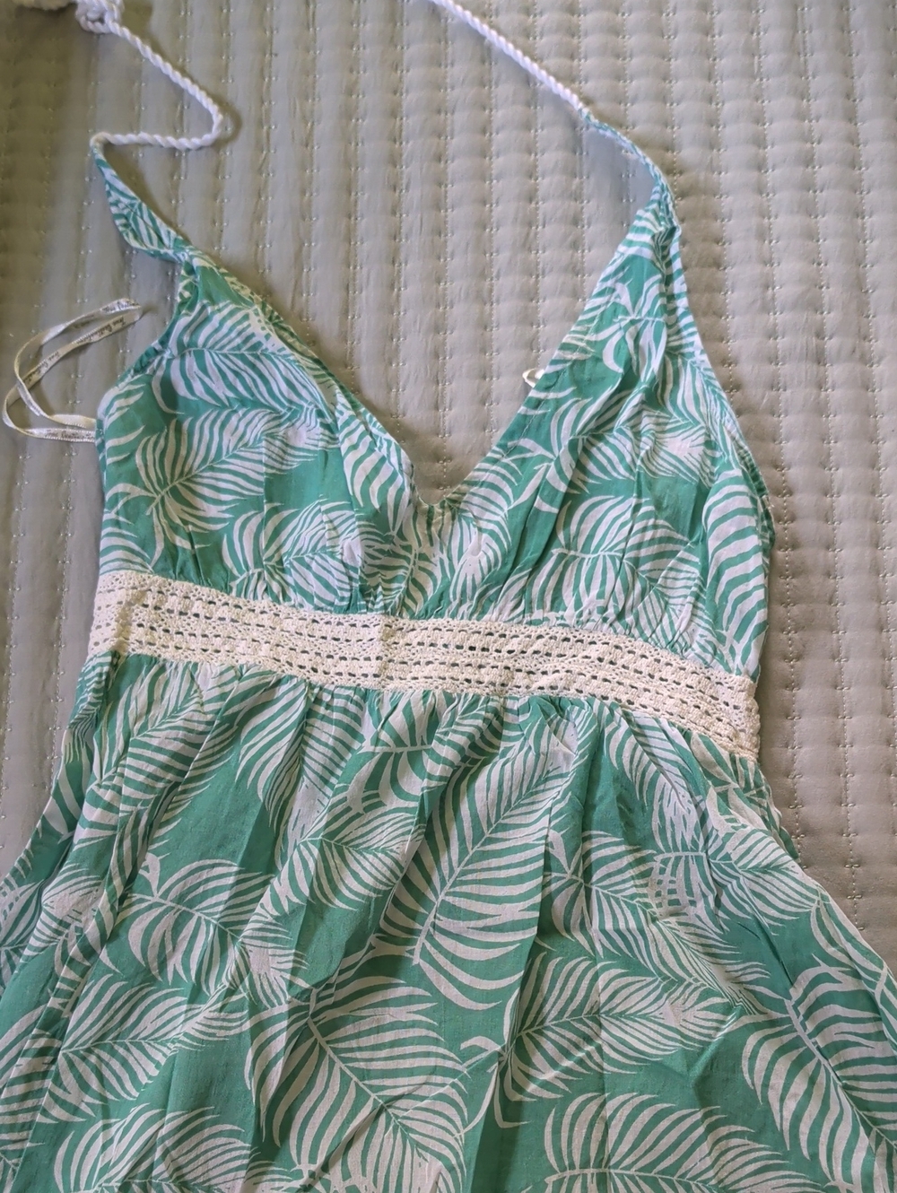 Women’s Green Leaf Print Summer Dress with Crochet Waist